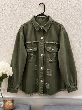 Olive Distressed Cotton Shacket Jacket Size L Frayed Hem Utility Top